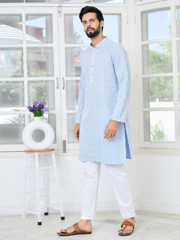 Men's Blue Embroidered Thread Work Sequinned Rayon Straight Kurta with Pyjama