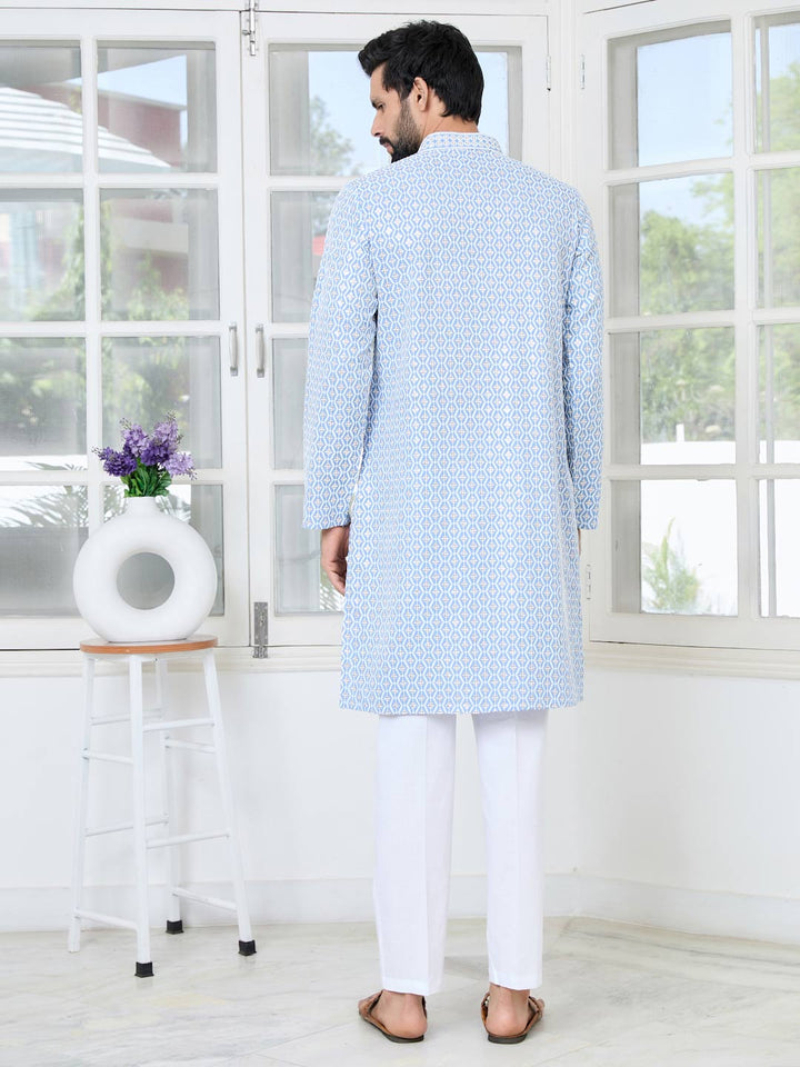 Men's Blue Embroidered Thread Work Sequinned Rayon Straight Kurta with Pyjama