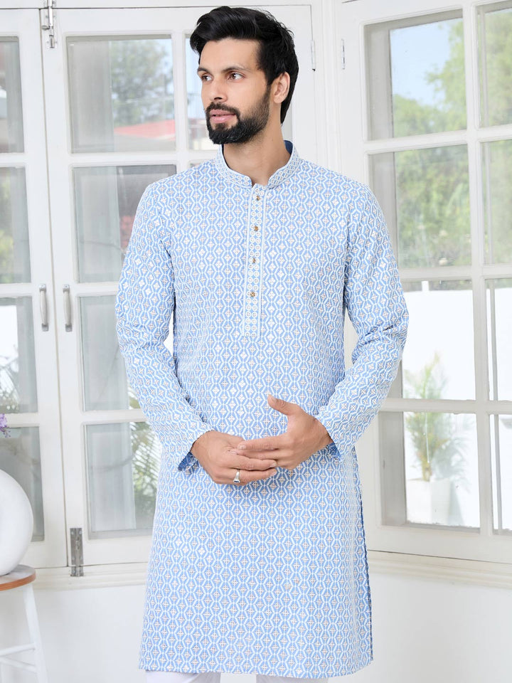 Men's Blue Embroidered Thread Work Sequinned Rayon Straight Kurta with Pyjama