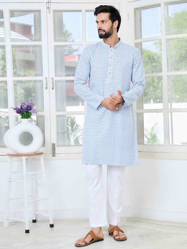 Men's Blue Embroidered Thread Work Sequinned Rayon Straight Kurta with Pyjama
