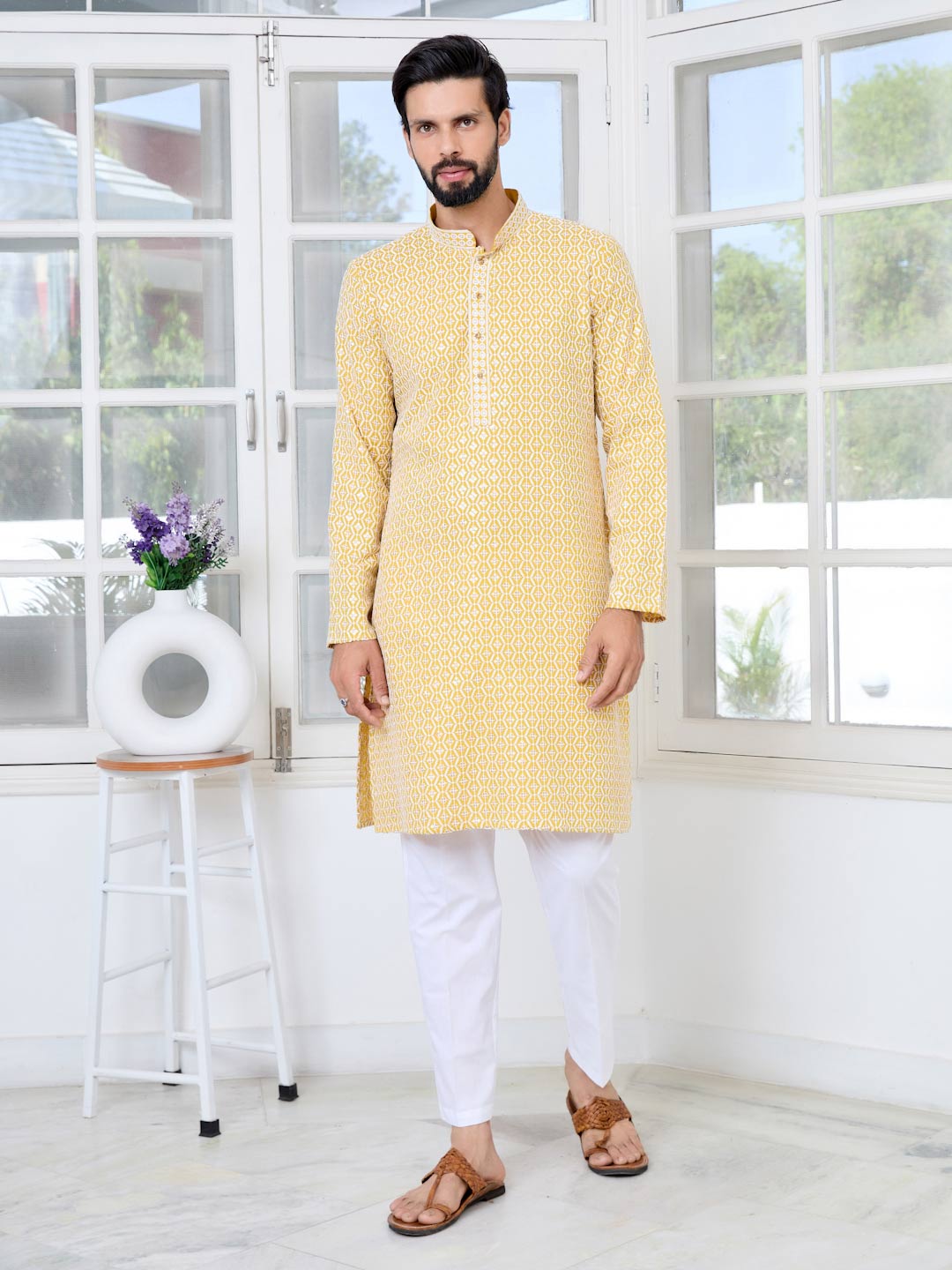 Men's Mustard Embroidered Thread Work Sequinned Rayon Straight Kurta with Pyjama