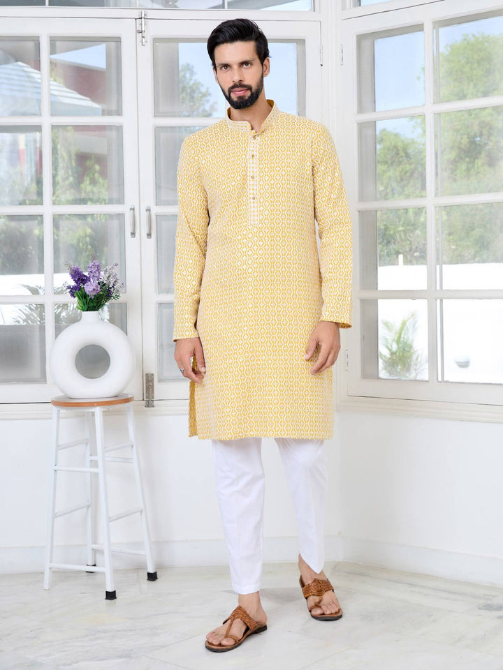Men's Mustard Embroidered Thread Work Sequinned Rayon Straight Kurta with Pyjama