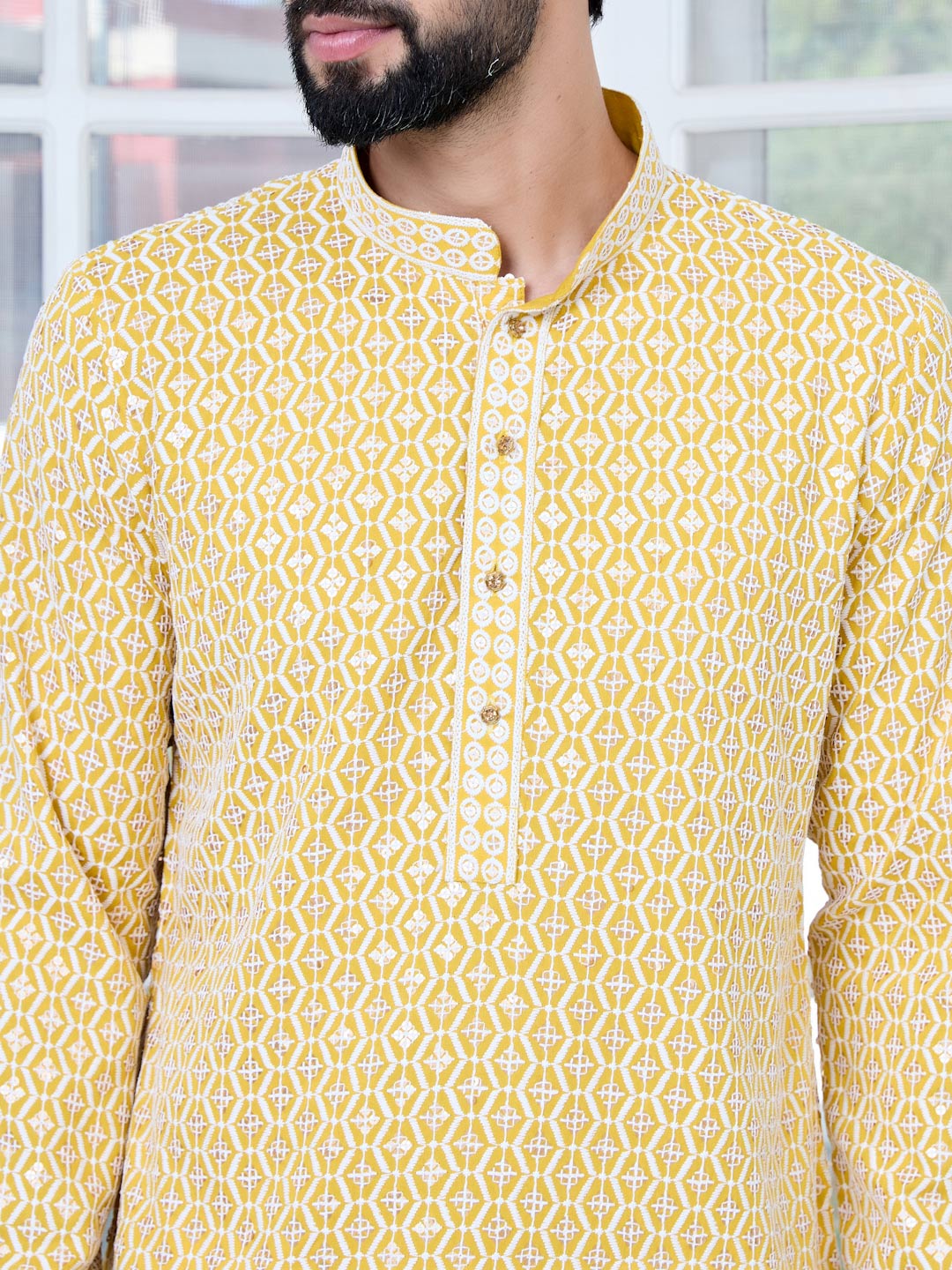 Men's Mustard Embroidered Thread Work Sequinned Rayon Straight Kurta with Pyjama