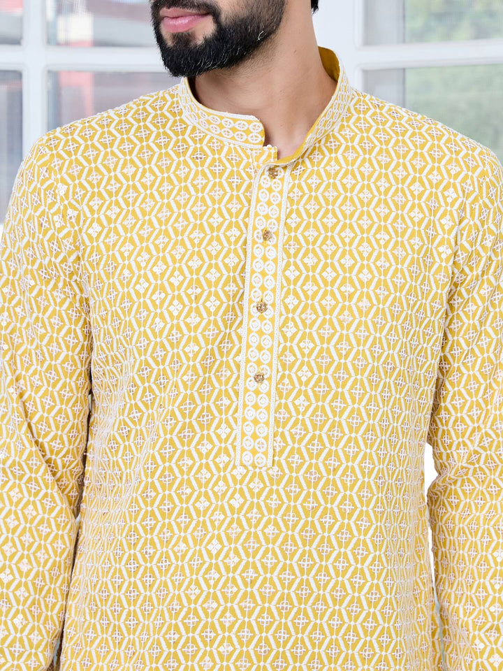 Men's Mustard Embroidered Thread Work Sequinned Rayon Straight Kurta with Pyjama