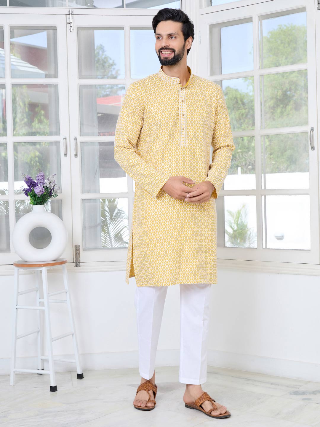 Men's Mustard Embroidered Thread Work Sequinned Rayon Straight Kurta with Pyjama
