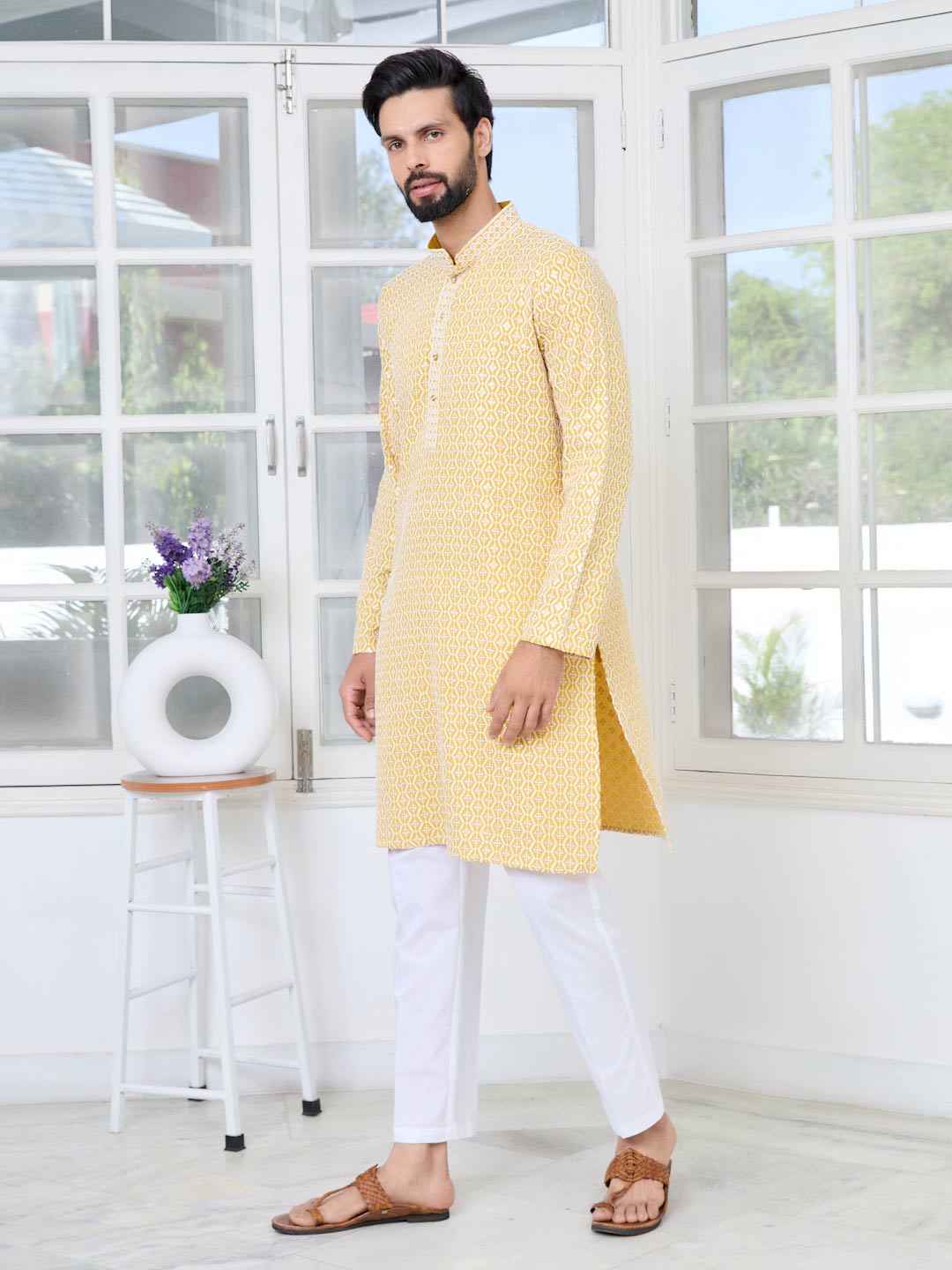 Men's Mustard Embroidered Thread Work Sequinned Rayon Straight Kurta with Pyjama