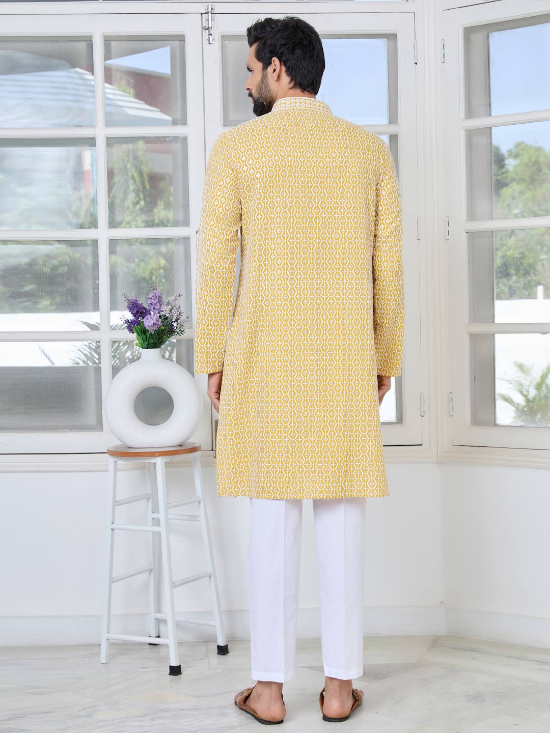 Men's Mustard Embroidered Thread Work Sequinned Rayon Straight Kurta with Pyjama