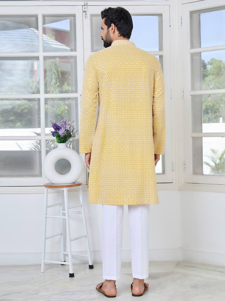 Men's Mustard Embroidered Thread Work Sequinned Rayon Straight Kurta with Pyjama