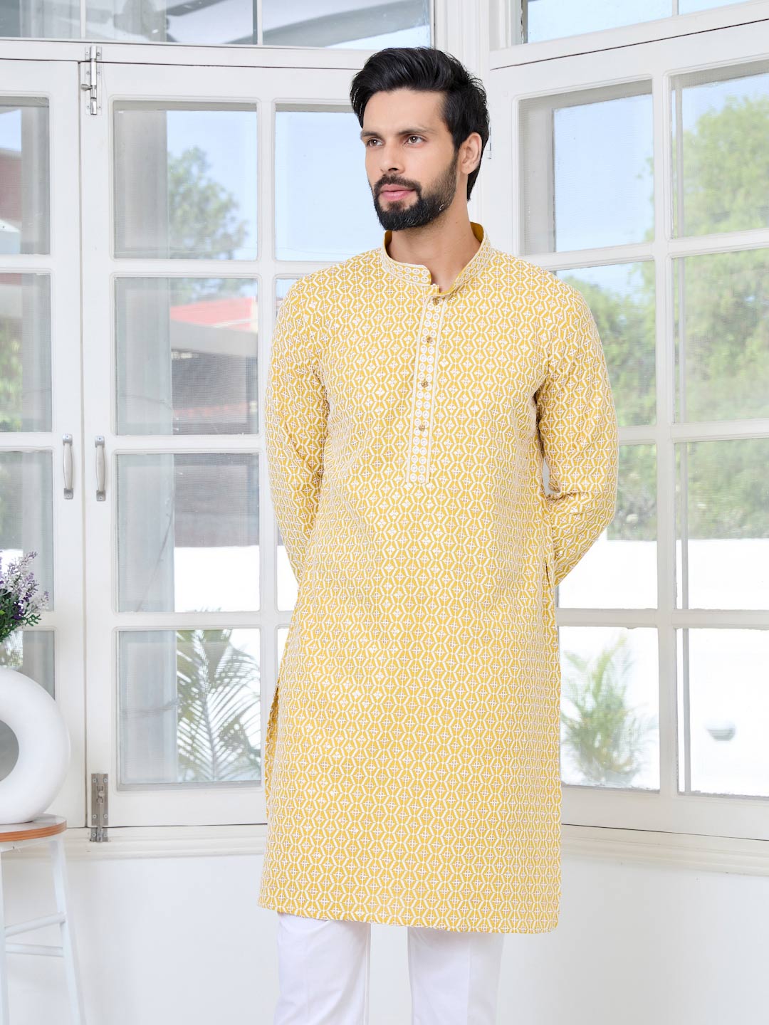 Men's Mustard Embroidered Thread Work Sequinned Rayon Straight Kurta with Pyjama