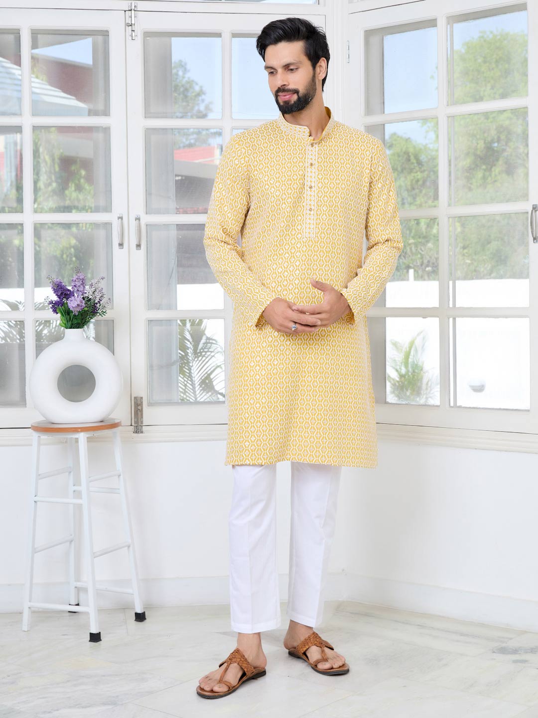 Men's Mustard Embroidered Thread Work Sequinned Rayon Straight Kurta with Pyjama