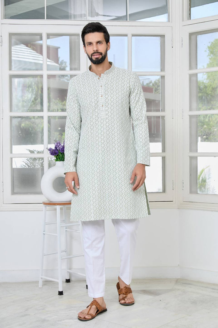 Pastel Green Thread Embroidered and Sequinned Rayon Straight Kurta with Pyjama