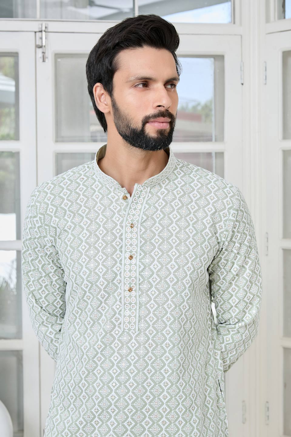 Pastel Green Thread Embroidered and Sequinned Rayon Straight Kurta with Pyjama