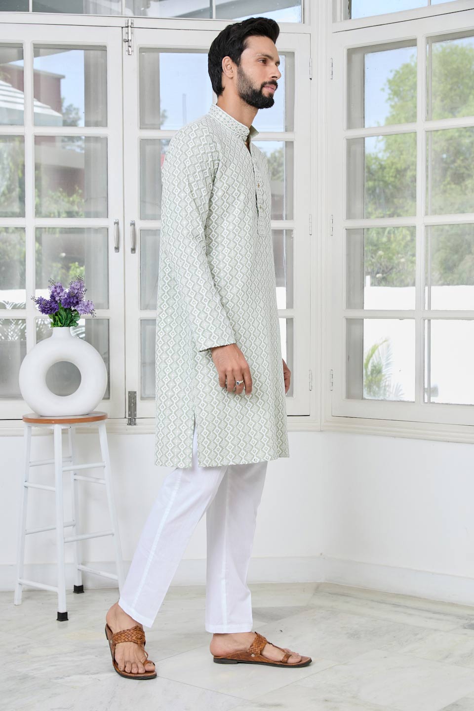 Pastel Green Thread Embroidered and Sequinned Rayon Straight Kurta with Pyjama