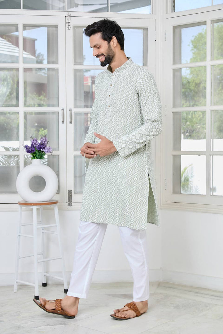 Pastel Green Thread Embroidered and Sequinned Rayon Straight Kurta with Pyjama