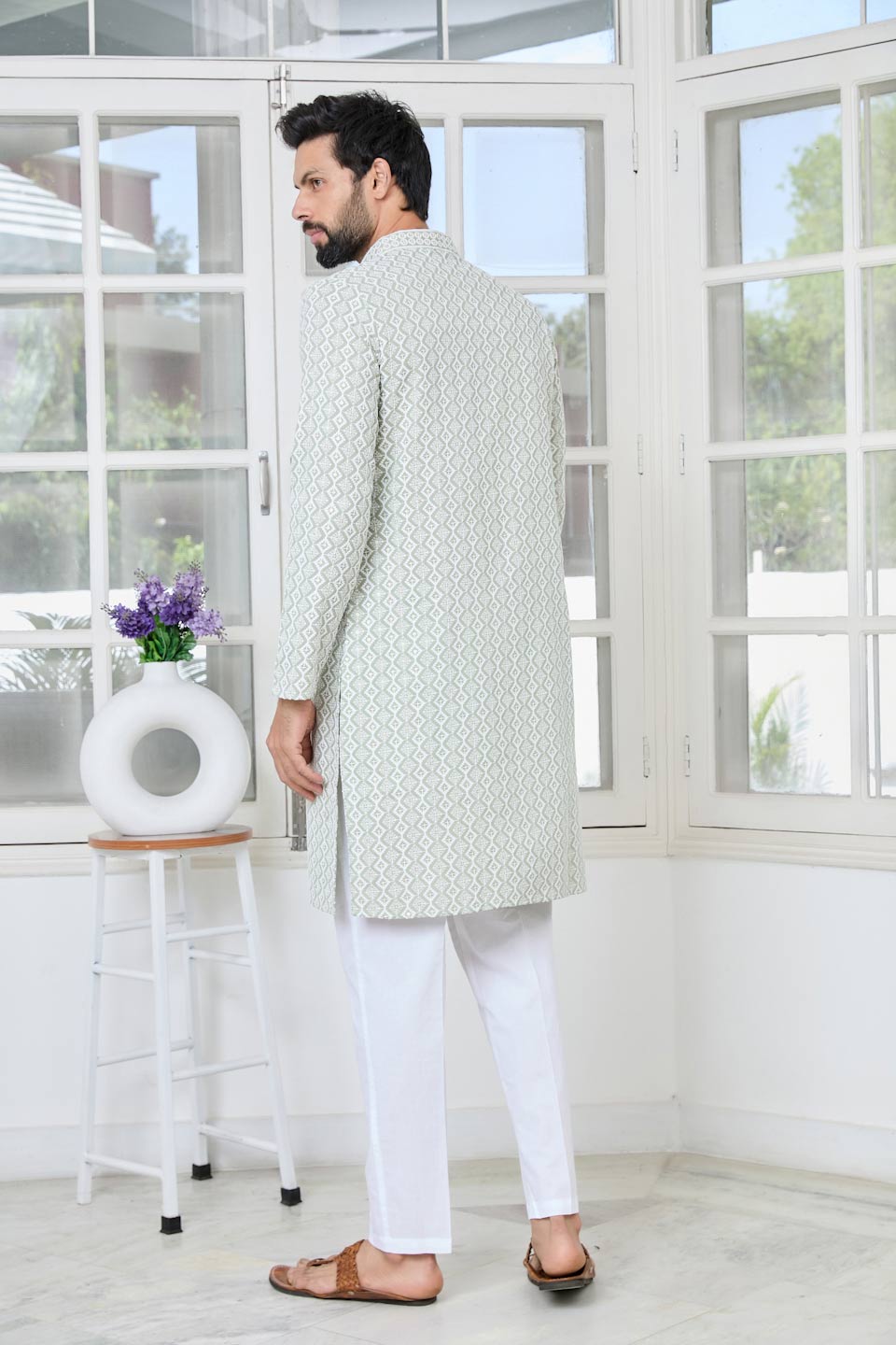 Pastel Green Thread Embroidered and Sequinned Rayon Straight Kurta with Pyjama