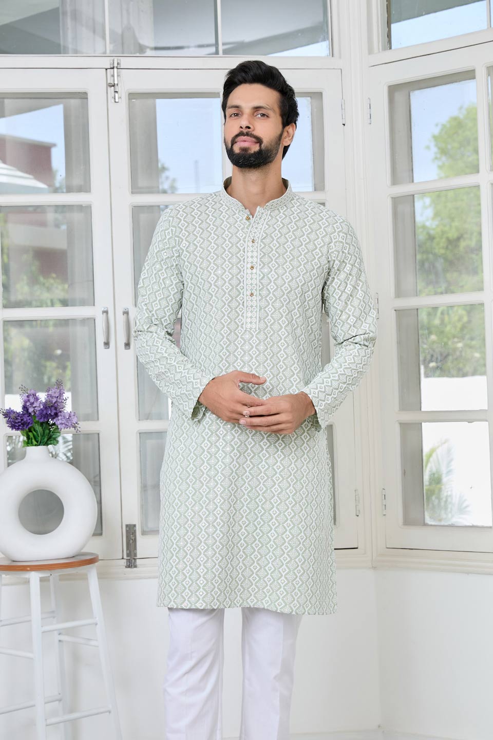 Pastel Green Thread Embroidered and Sequinned Rayon Straight Kurta with Pyjama