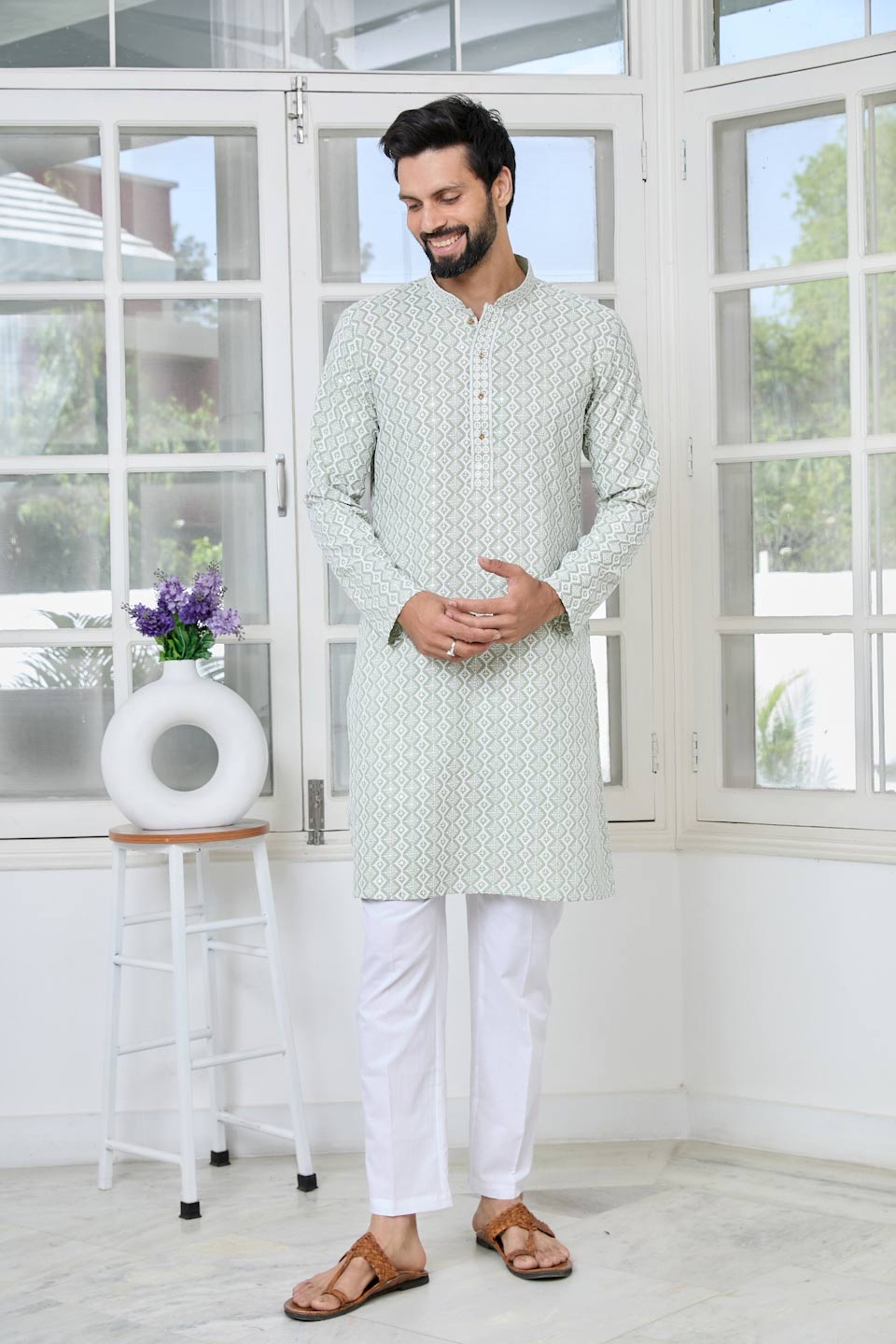 Pastel Green Thread Embroidered and Sequinned Rayon Straight Kurta with Pyjama