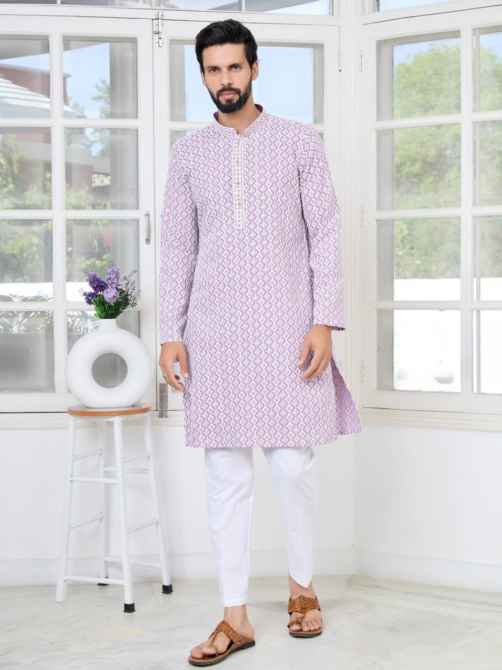 Pastel Purple Thread Embroidered and Sequinned Rayon Straight Kurta with Pyjama