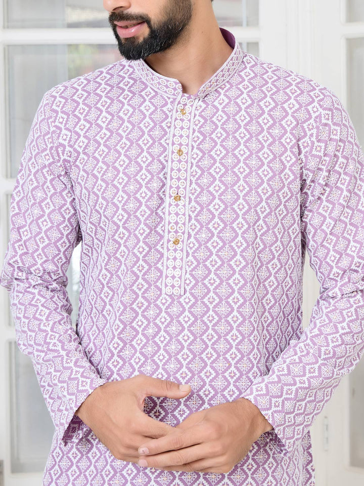 Pastel Purple Thread Embroidered and Sequinned Rayon Straight Kurta with Pyjama
