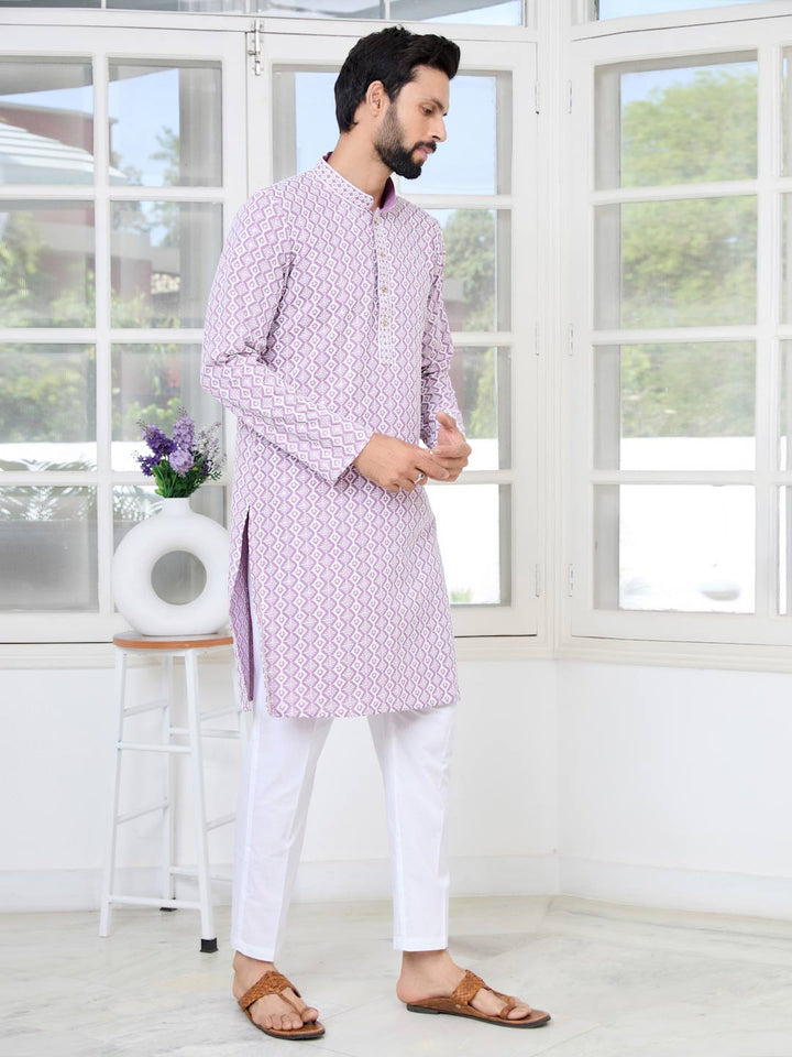Pastel Purple Thread Embroidered and Sequinned Rayon Straight Kurta with Pyjama