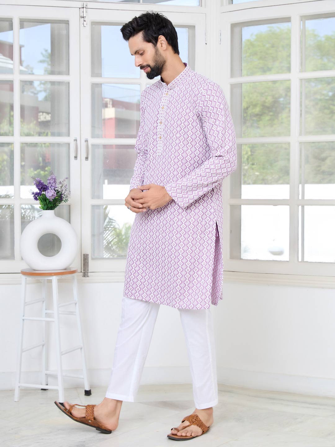 Pastel Purple Thread Embroidered and Sequinned Rayon Straight Kurta with Pyjama