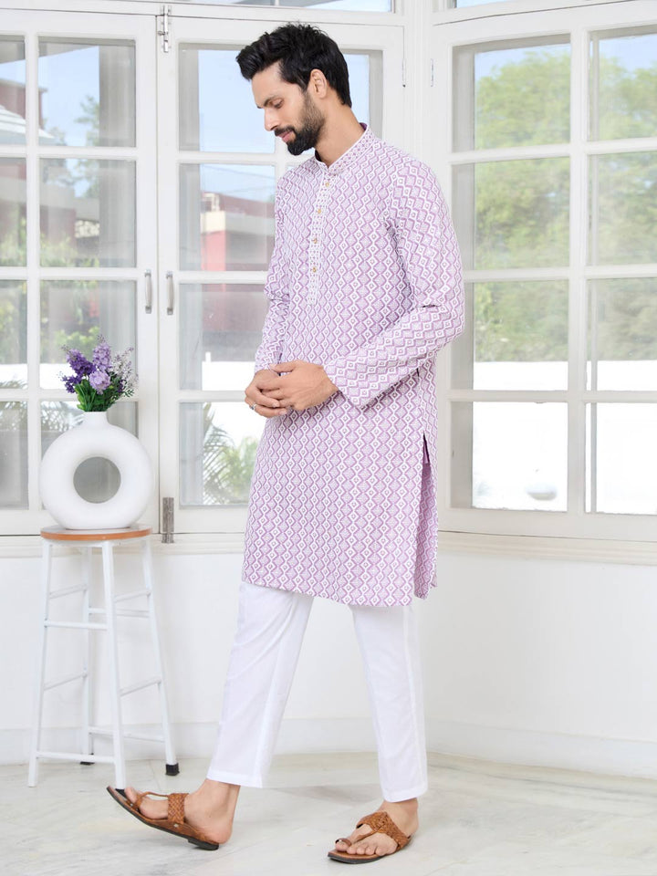 Pastel Purple Thread Embroidered and Sequinned Rayon Straight Kurta with Pyjama