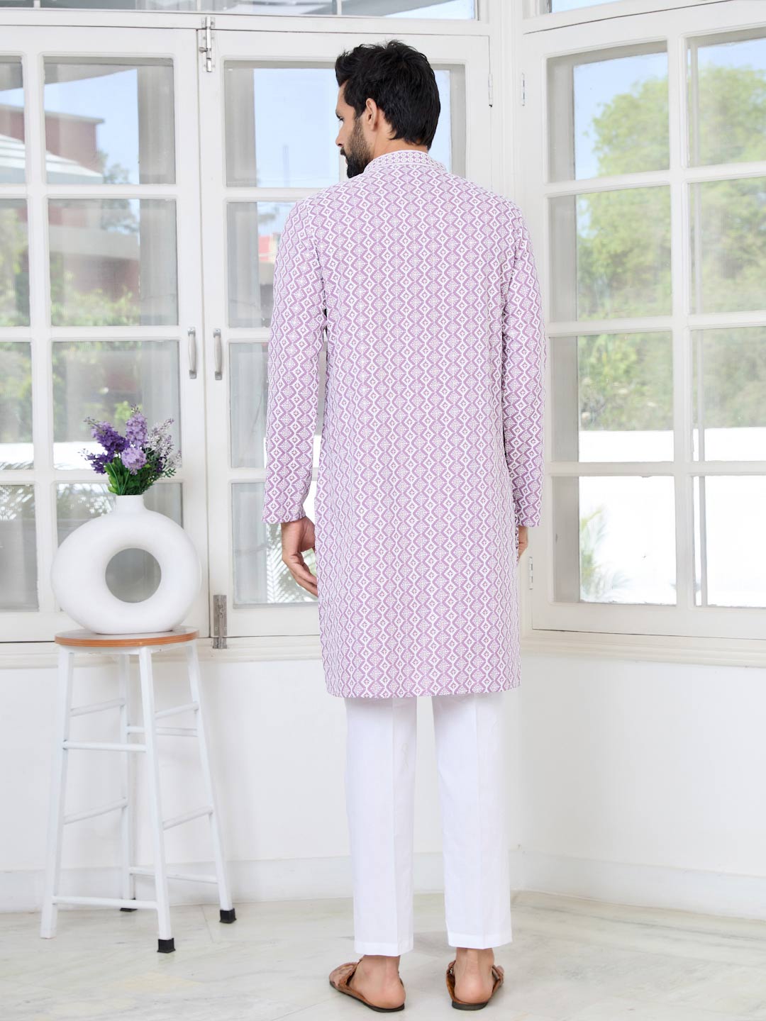 Pastel Purple Thread Embroidered and Sequinned Rayon Straight Kurta with Pyjama