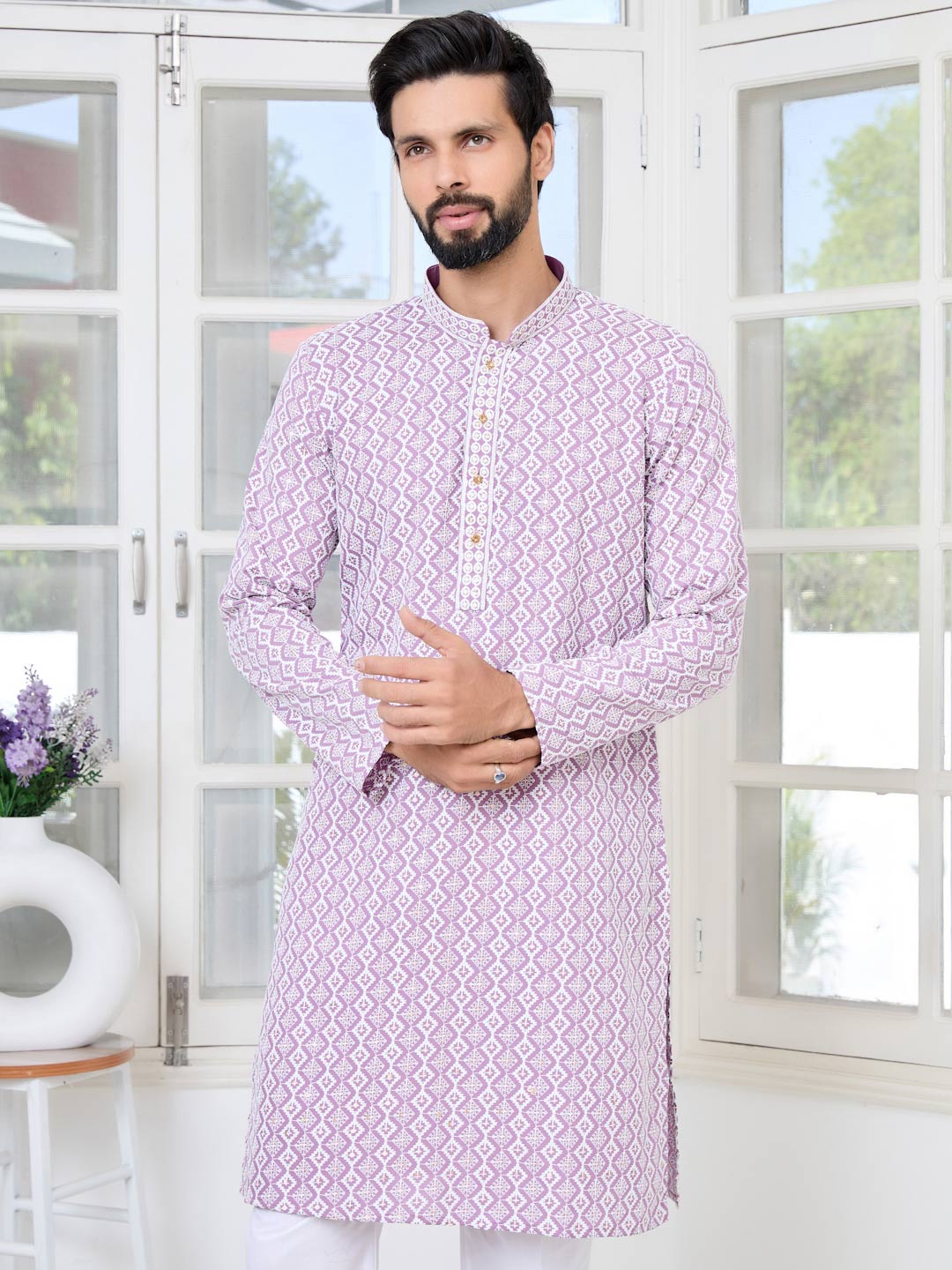 Pastel Purple Thread Embroidered and Sequinned Rayon Straight Kurta with Pyjama