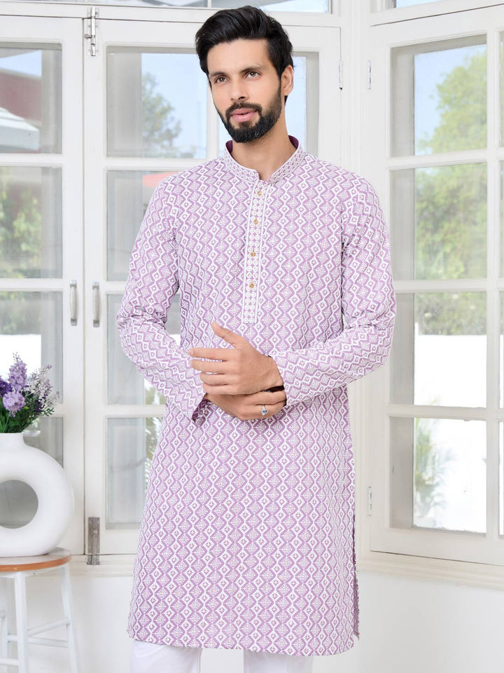 Pastel Purple Thread Embroidered and Sequinned Rayon Straight Kurta with Pyjama