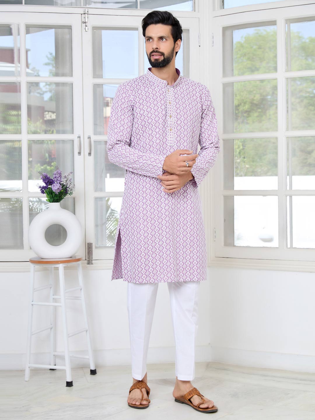 Pastel Purple Thread Embroidered and Sequinned Rayon Straight Kurta with Pyjama