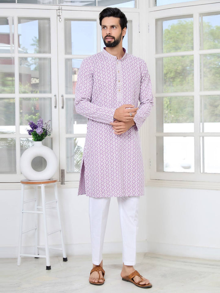 Pastel Purple Thread Embroidered and Sequinned Rayon Straight Kurta with Pyjama