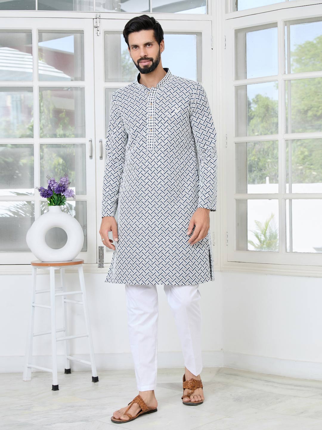 Dark Gray Thread Embroidered and Sequinned Rayon Straight Kurta with Pyjama