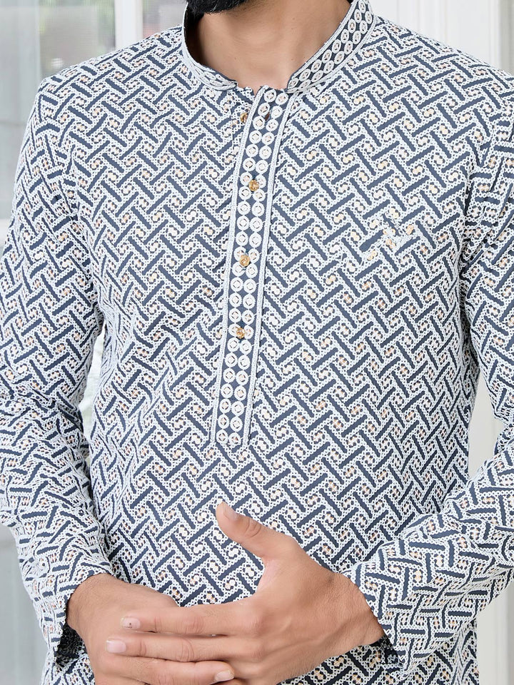 Dark Gray Thread Embroidered and Sequinned Rayon Straight Kurta with Pyjama