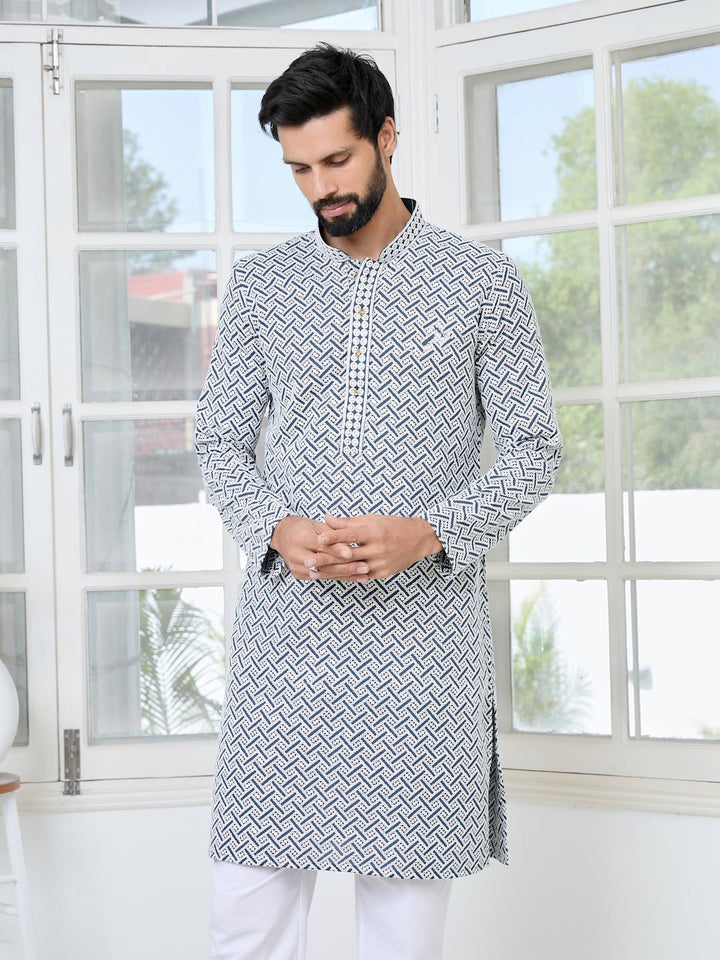 Dark Gray Thread Embroidered and Sequinned Rayon Straight Kurta with Pyjama