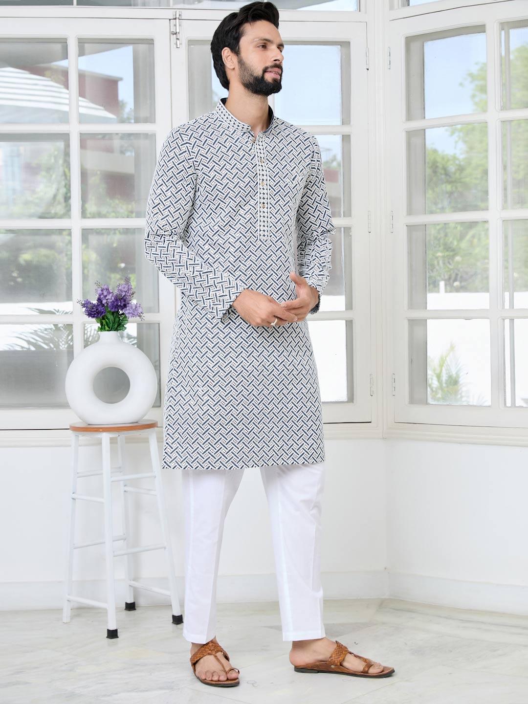 Dark Gray Thread Embroidered and Sequinned Rayon Straight Kurta with Pyjama