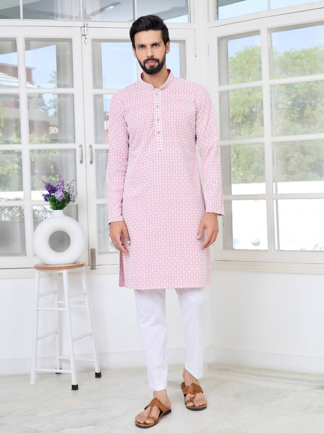 Pink Thread Embroidered and Sequinned Rayon Straight Kurta with Pyjama