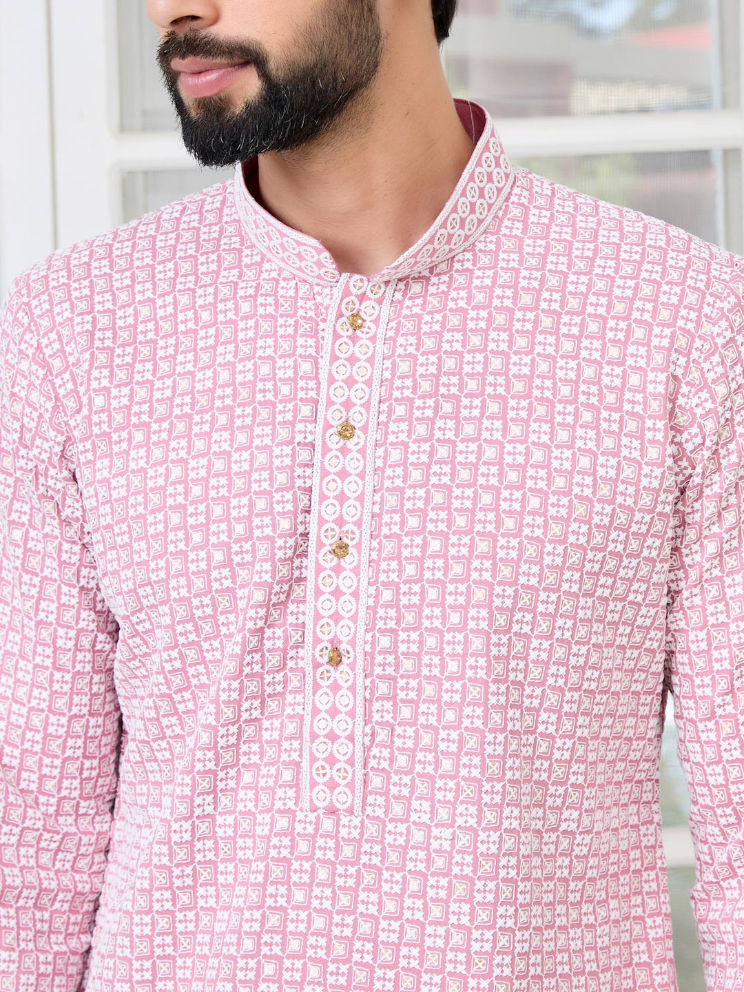 Pink Thread Embroidered and Sequinned Rayon Straight Kurta with Pyjama
