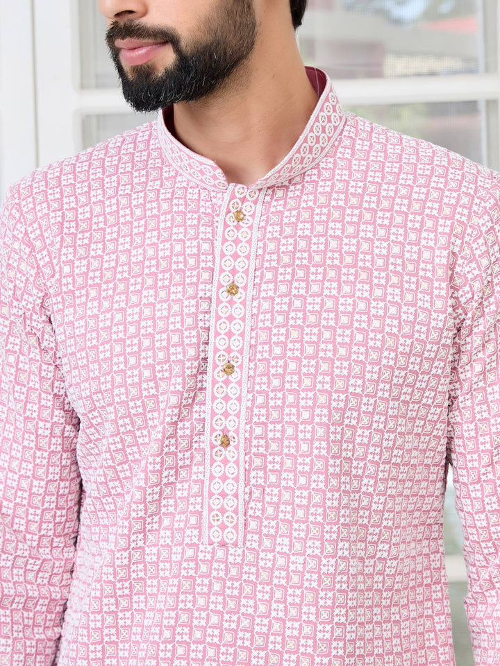 Pink Thread Embroidered and Sequinned Rayon Straight Kurta with Pyjama