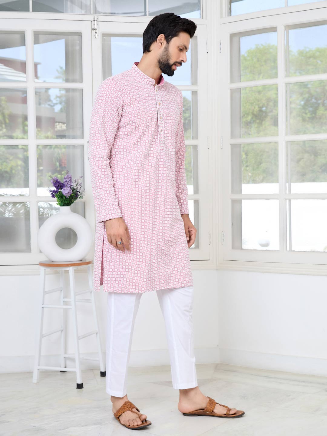 Pink Thread Embroidered and Sequinned Rayon Straight Kurta with Pyjama