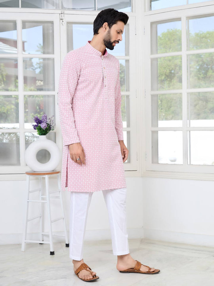Pink Thread Embroidered and Sequinned Rayon Straight Kurta with Pyjama