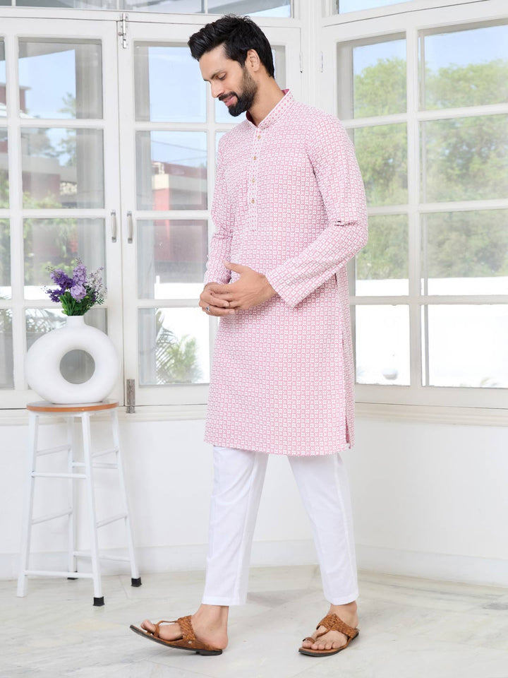 Pink Thread Embroidered and Sequinned Rayon Straight Kurta with Pyjama