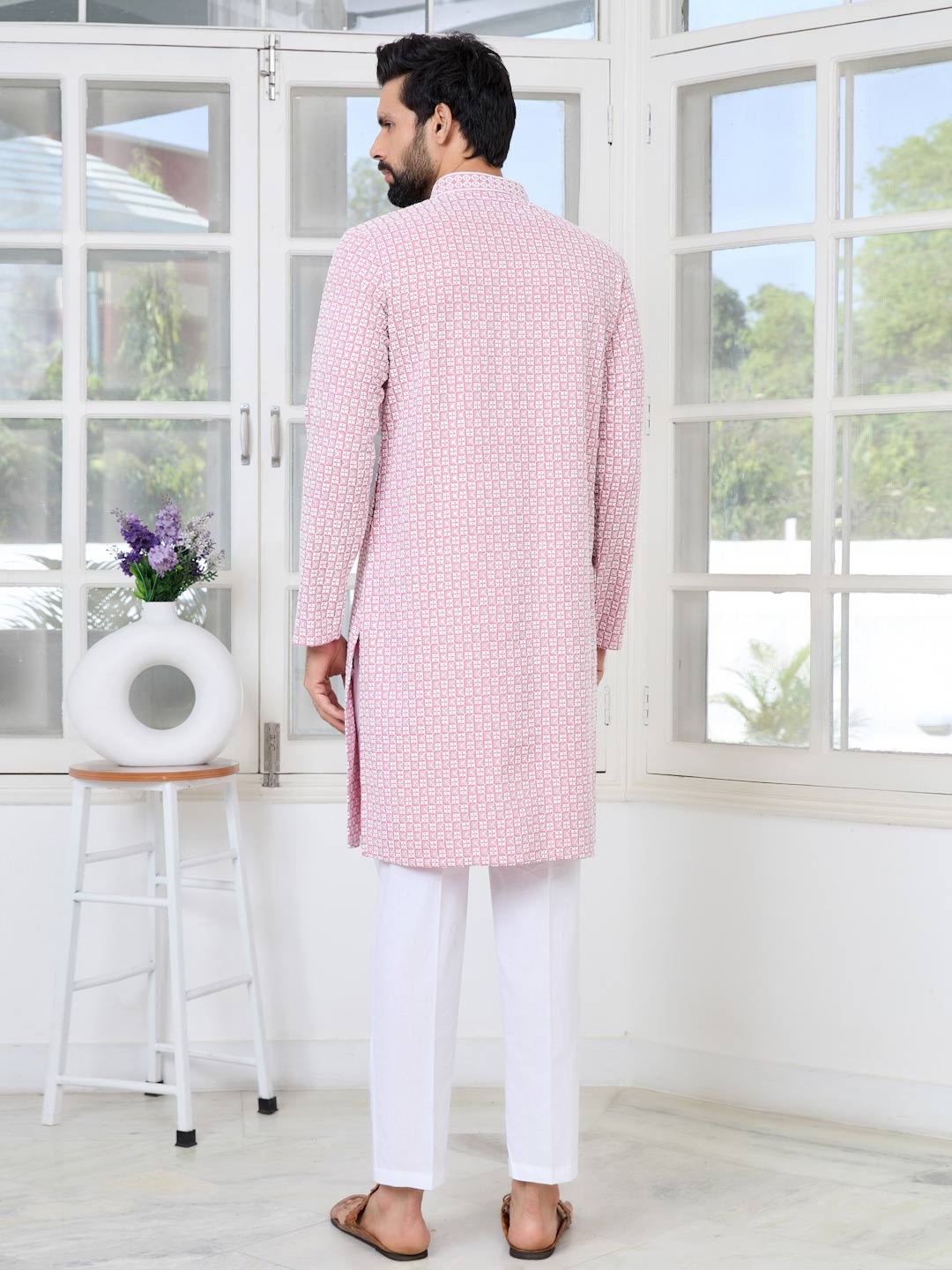 Pink Thread Embroidered and Sequinned Rayon Straight Kurta with Pyjama