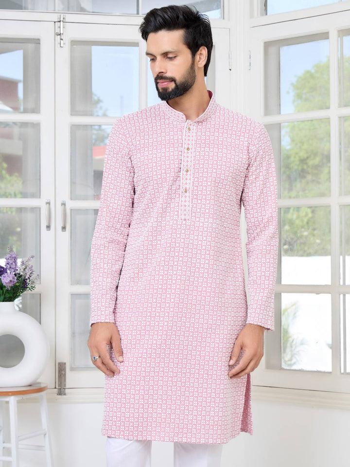 Pink Thread Embroidered and Sequinned Rayon Straight Kurta with Pyjama