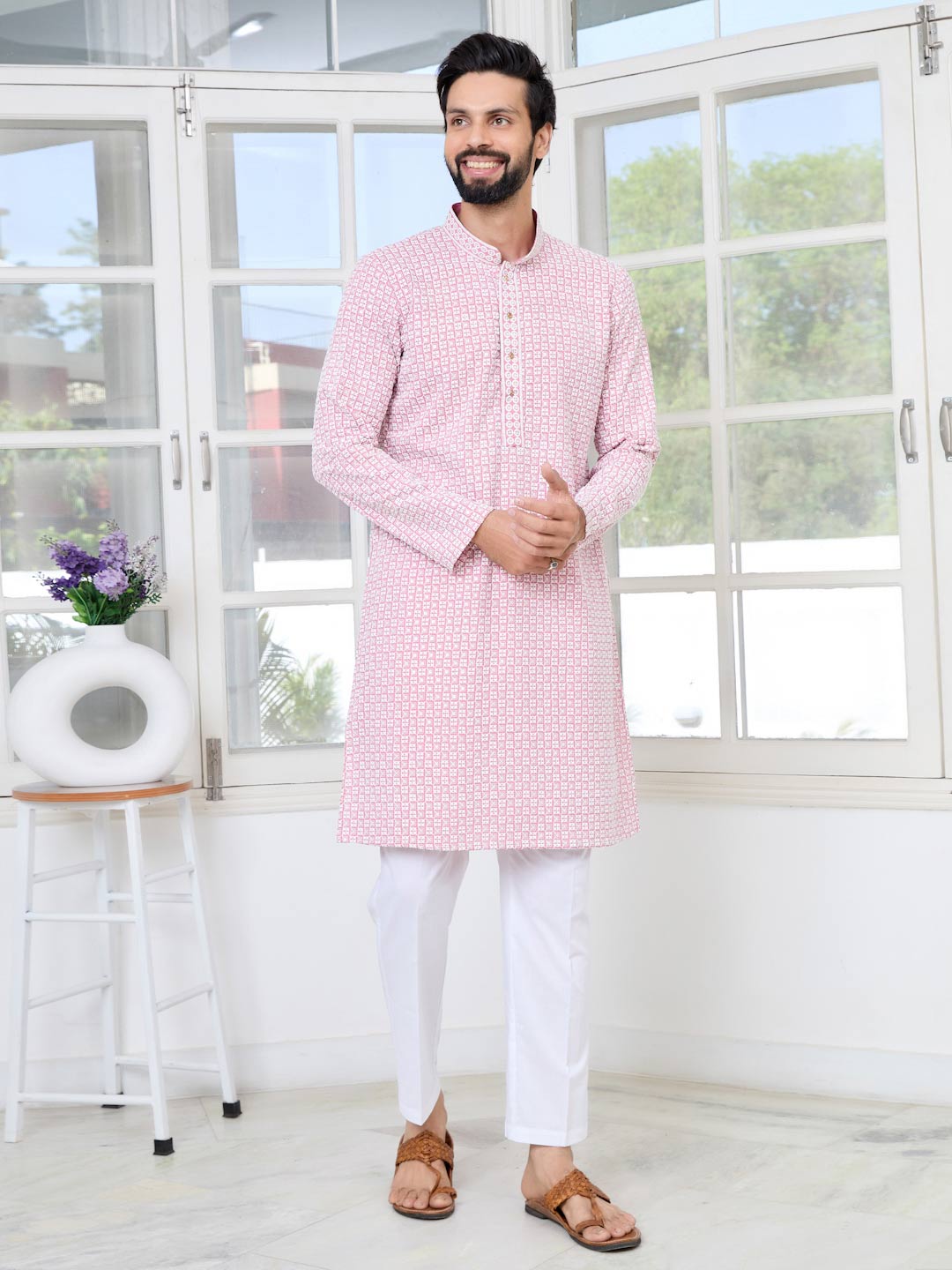Pink Thread Embroidered and Sequinned Rayon Straight Kurta with Pyjama