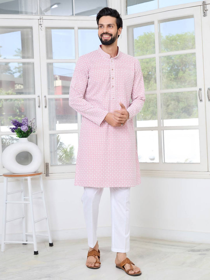 Pink Thread Embroidered and Sequinned Rayon Straight Kurta with Pyjama