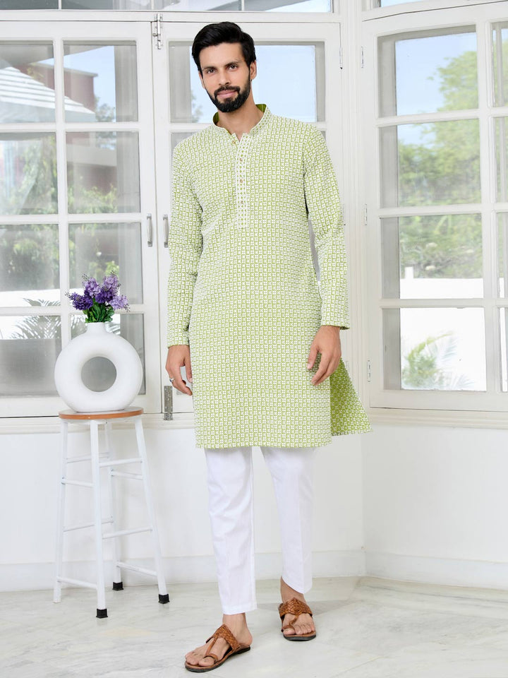 Parrot Green Thread Embroidered and Sequinned Rayon Straight Kurta with Pyjama