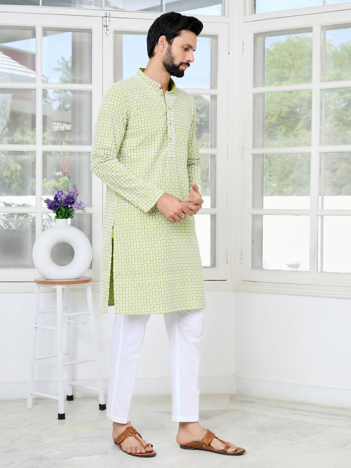 Parrot Green Thread Embroidered and Sequinned Rayon Straight Kurta with Pyjama