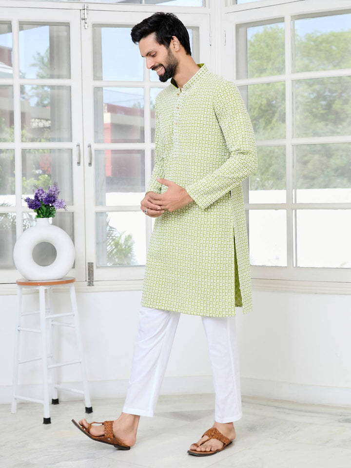 Parrot Green Thread Embroidered and Sequinned Rayon Straight Kurta with Pyjama