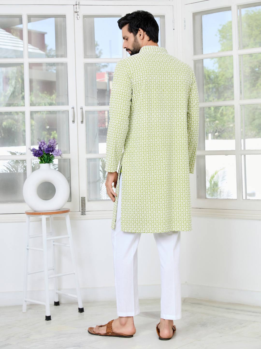 Parrot Green Thread Embroidered and Sequinned Rayon Straight Kurta with Pyjama
