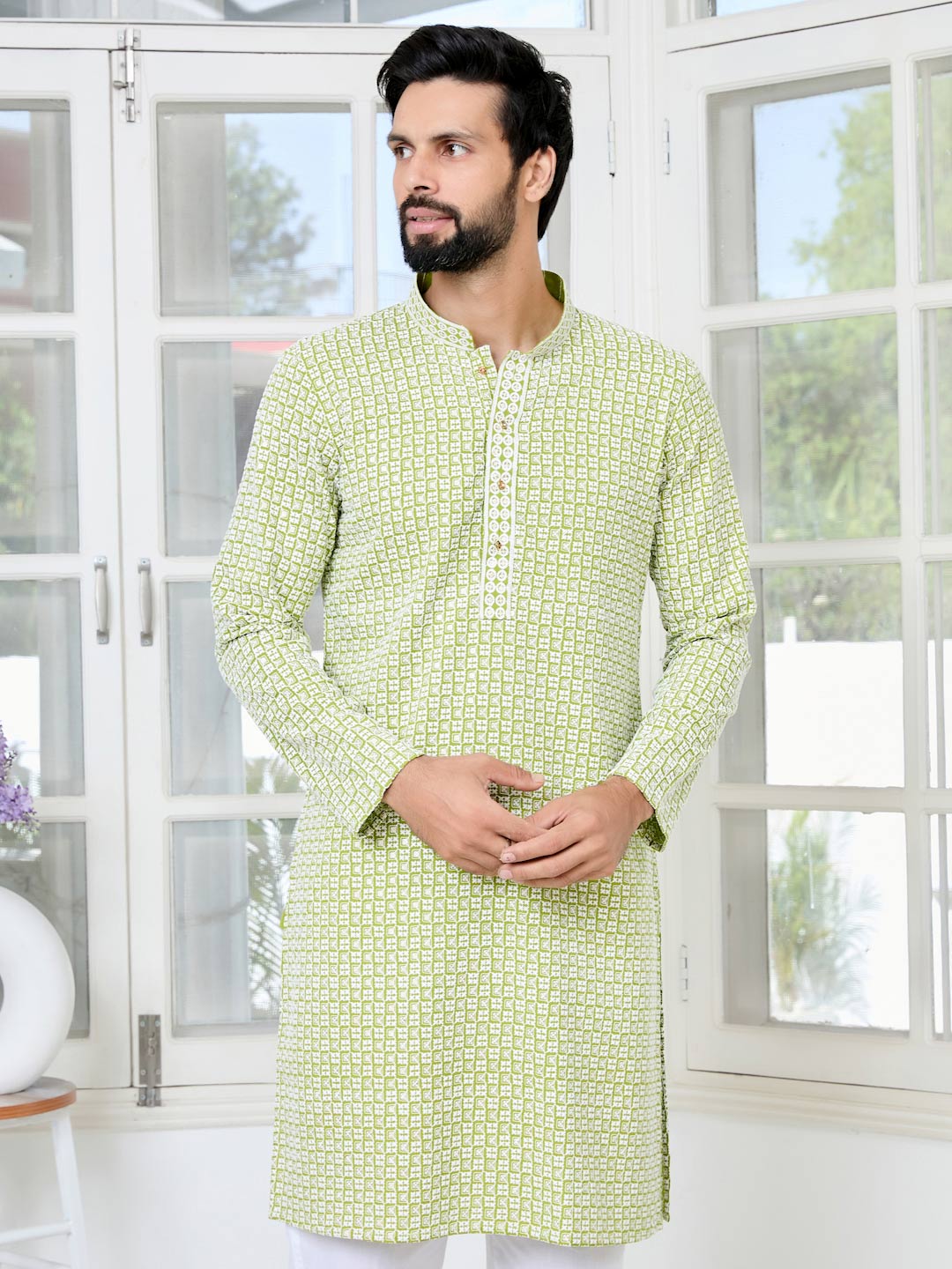 Parrot Green Thread Embroidered and Sequinned Rayon Straight Kurta with Pyjama